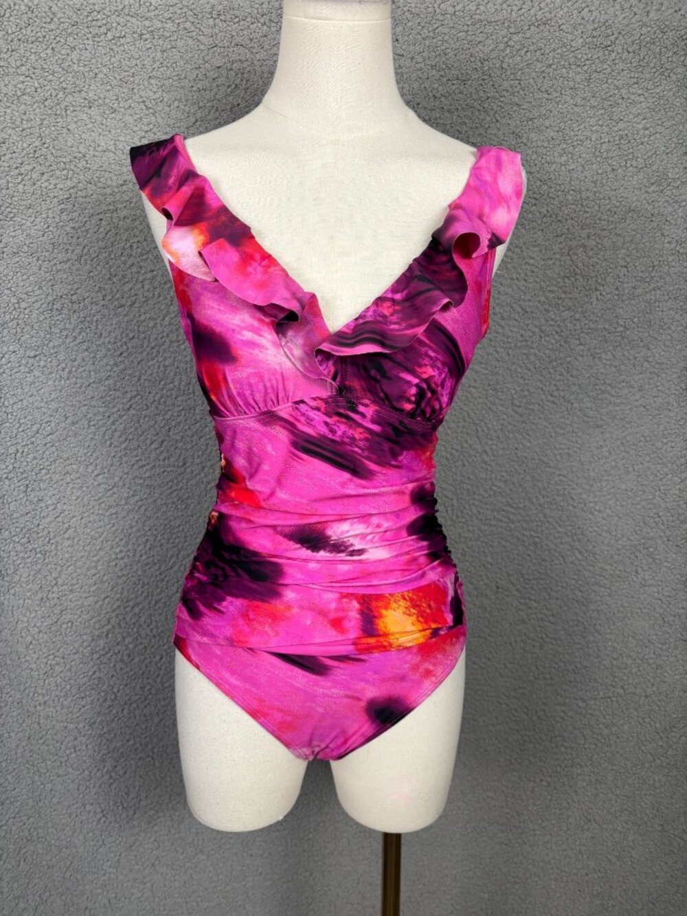 DKNY Women's  Ruffle Neck One-Piece Swimsuit  Underwired Pink Multi  Small NWTs